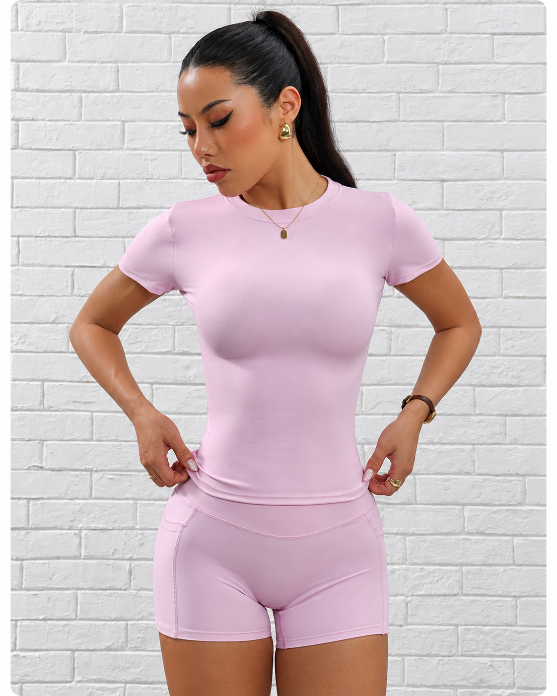 Summer Activewear Set Quick Dry Fabric Tummy Control Yoga Shorts Matching Solid Short Sleeve Workout Top Waist Detail for Ladies