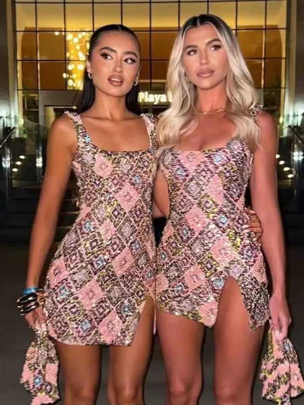 Colorful Diamond Pattern Sequin Slit Sexy Dress Women 2026 Elegant Party Dress Backless Mini Summer Dress Vestidos