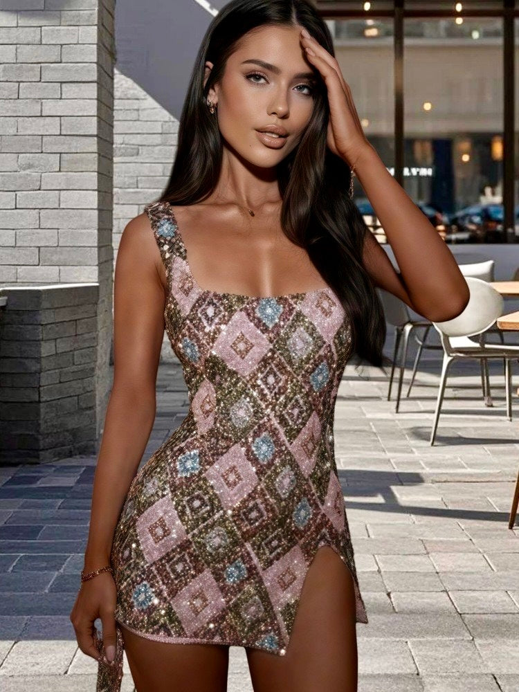 Colorful Diamond Pattern Sequin Slit Sexy Dress Women 2026 Elegant Party Dress Backless Mini Summer Dress Vestidos