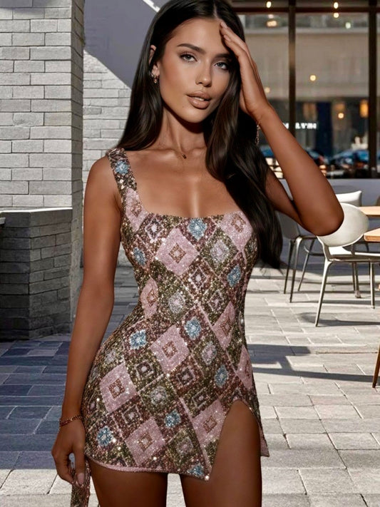 Colorful Diamond Pattern Sequin Slit Sexy Dress Women 2026 Elegant Party Dress Backless Mini Summer Dress Vestidos