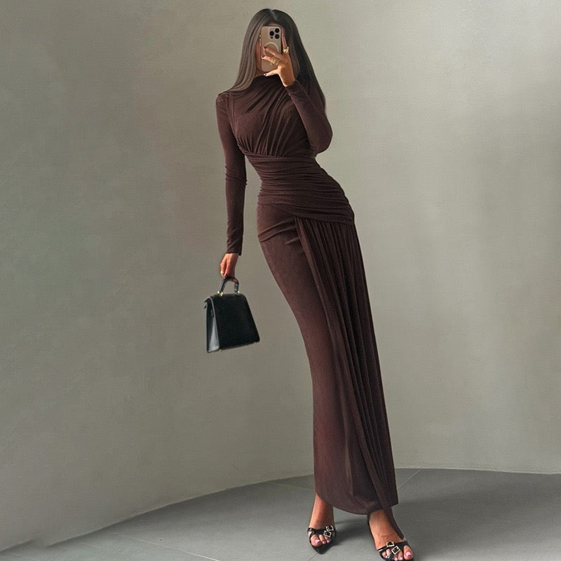 Sexy Wrap Buttocks Black  Dresses Women O Neck Dress Long Sleeve Sheath Slim Fit Solid Spliced Pullover Folds Floor Length 2025