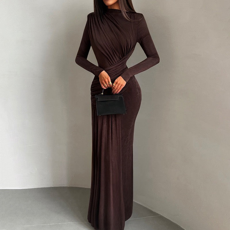 Sexy Wrap Buttocks Black  Dresses Women O Neck Dress Long Sleeve Sheath Slim Fit Solid Spliced Pullover Folds Floor Length 2025
