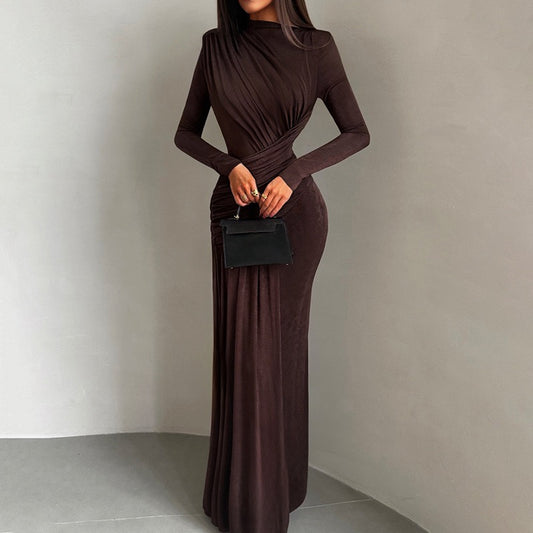 Sexy Wrap Buttocks Black  Dresses Women O Neck Dress Long Sleeve Sheath Slim Fit Solid Spliced Pullover Folds Floor Length 2025