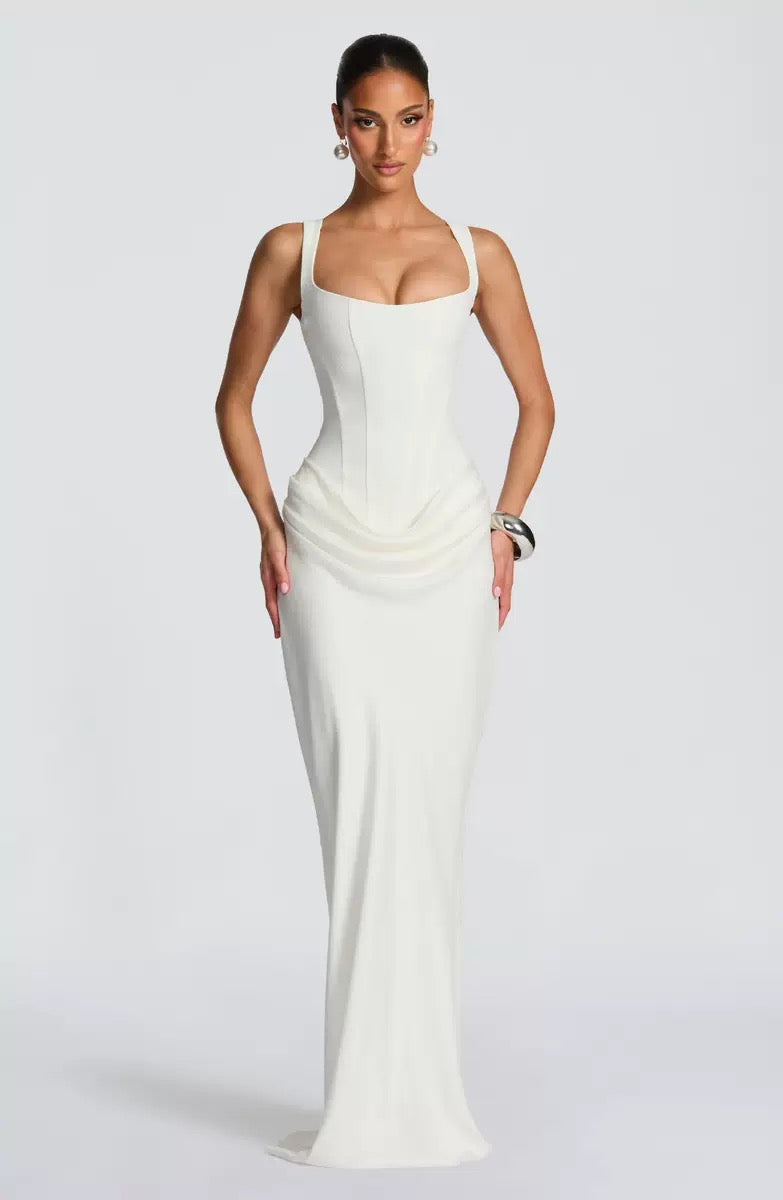 Elegant Women's Party WHITE Dress 2025 Summer Solid Color Hanging Neck Bareback Strap Split Style Skinny Dress Fishtail Bodycon Dress