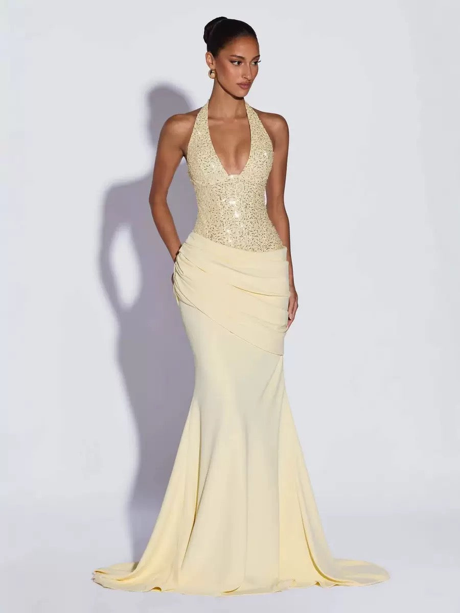 Halter Neck Sequin Evening Gown Deep V Ruched Waist Pleats Bodycon Mermaid Vestidos De Fiesta Elegantes Para Mujer Lujo