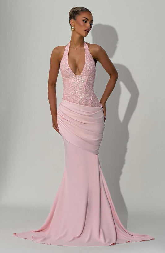 Halter Neck Sequin Evening Gown Deep V Ruched Waist Pleats Body con Mermaid Vestidos De Fiesta Elegantes Para Mujer Lujo