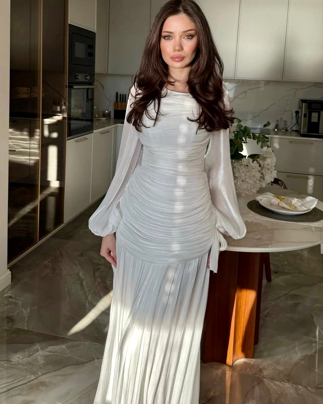 2026 New Arrival Solid Color Long-Sleeve Dress for Women, High Neck Pleated Long Dress