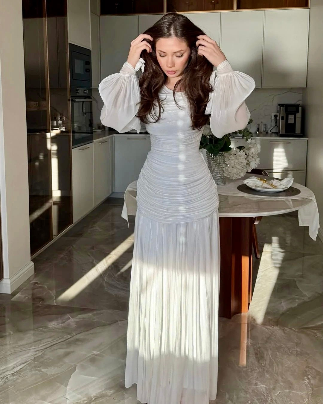 2026 New Arrival Solid Color Long-Sleeve Dress for Women, High Neck Pleated Long Dress