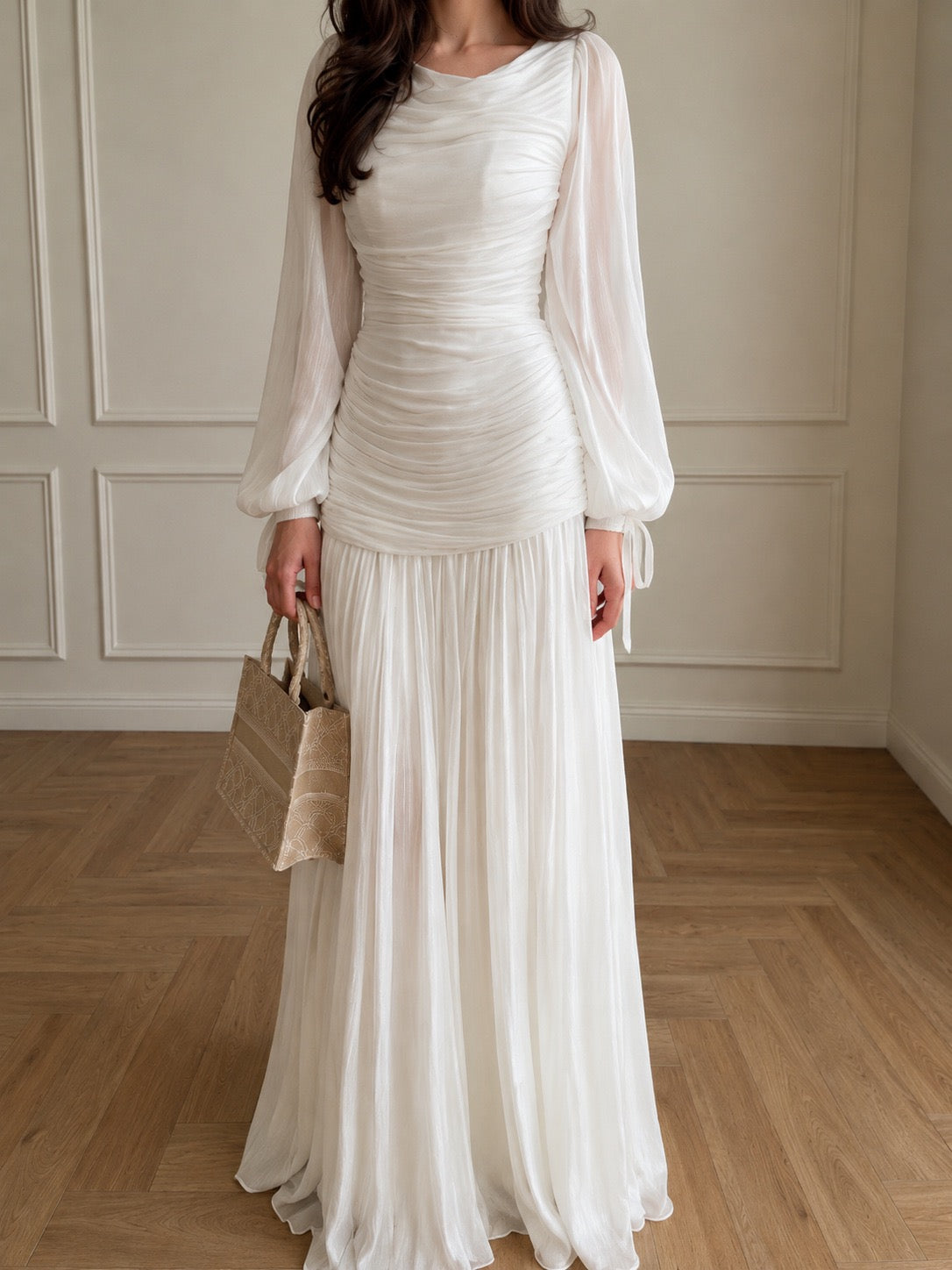 2026 New Arrival Solid Color Long-Sleeve Dress for Women, High Neck Pleated Long Dress