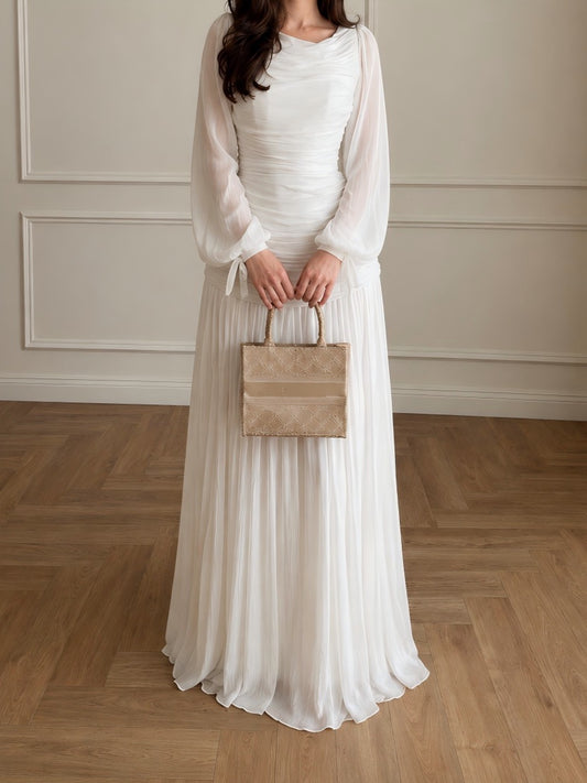 2026 New Arrival Solid Color Long-Sleeve Dress for Women, High Neck Pleated Long Dress