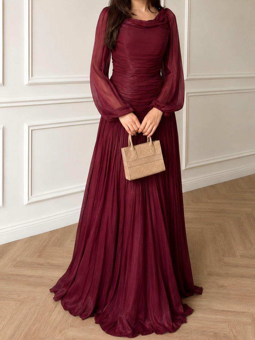 2026 New Arrival Solid Color Long-Sleeve Dress for Women, High Neck Pleated Long Dress
