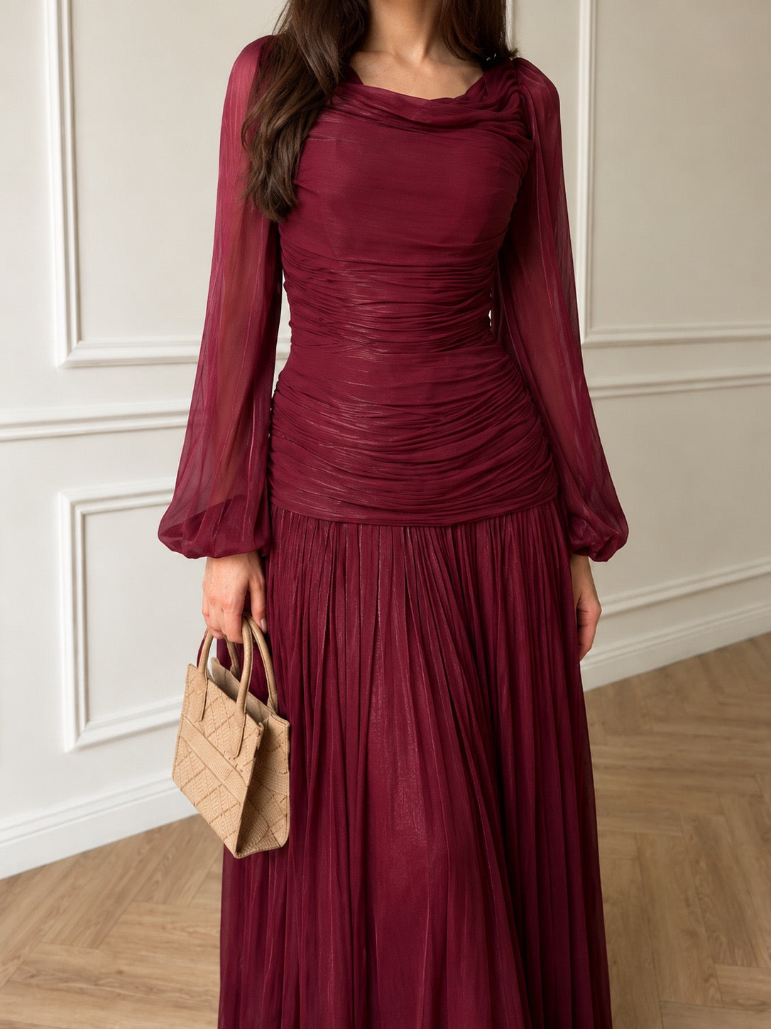 2026 New Arrival Solid Color Long-Sleeve Dress for Women, High Neck Pleated Long Dress
