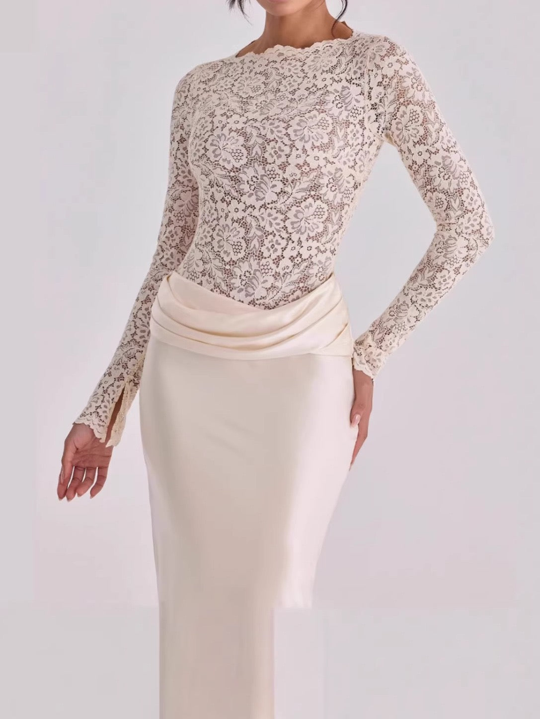 Women’s Elegant Floral Lace and Satin Maxi Dress Long Sleeve Sheer Lace Bodice Draped Waist Slim Fit Floor Length Evening Occasion Gown