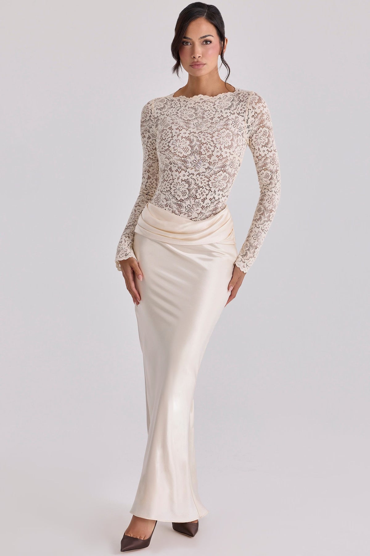 Women’s Elegant Floral Lace and Satin Maxi Dress Long Sleeve Sheer Lace Bodice Draped Waist Slim Fit Floor Length Evening Occasion Gown