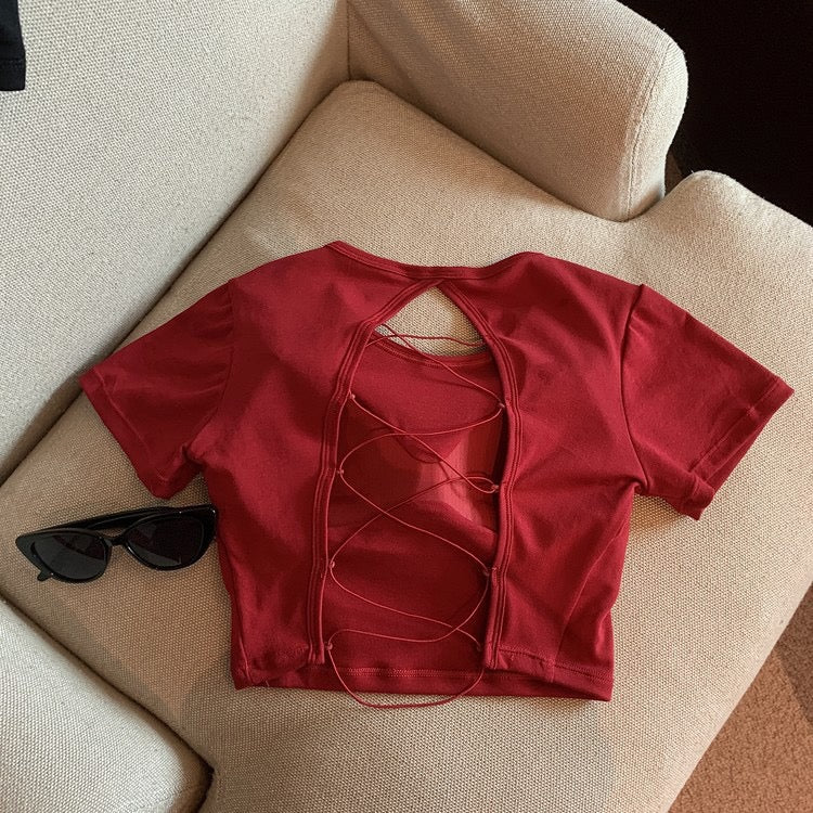 Women Sexy Skinny Cropped T-shirt Short Sleeve Summer Tops Back Cross Bandage Patchwork Ladies Sexy Club Party Clothes