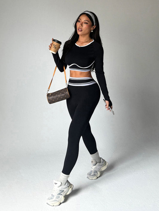Autumn and winter sports yoga sets, women's round-neck long-sleeved tops and tight-fitting trousers, outdoor fitness yoga wear