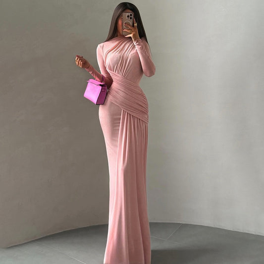 Sexy Wrap Buttocks  Dresses Women O Neck Dress Long Sleeve Sheath Slim Fit Solid Spliced Pullover Folds Floor Length 2026