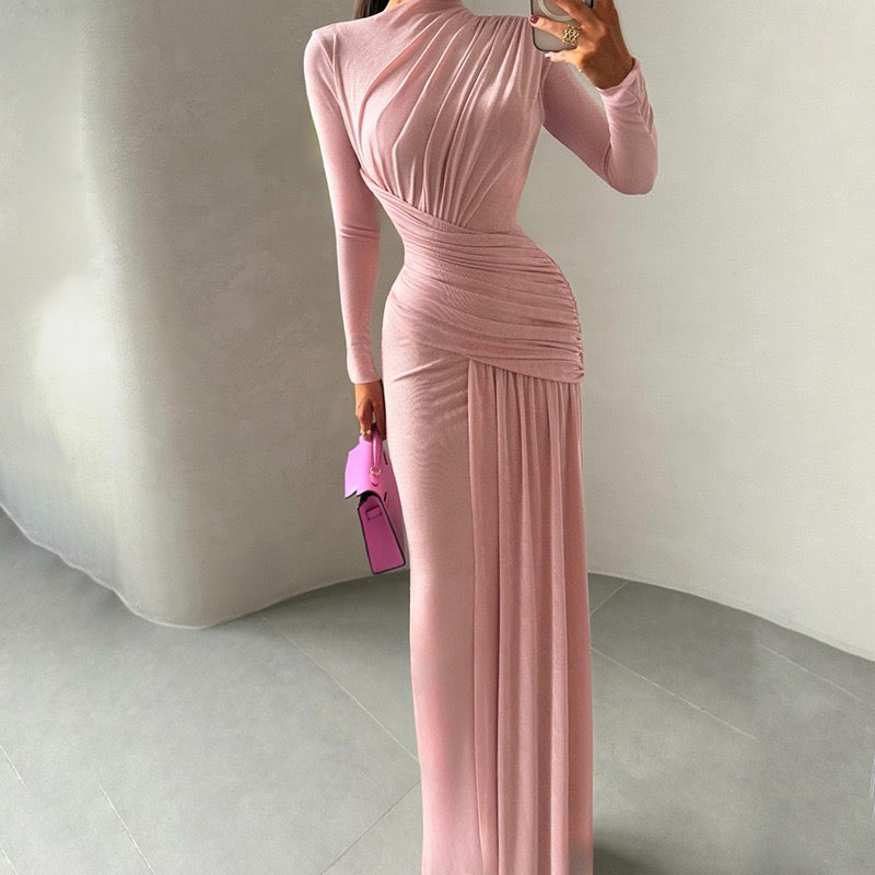 Sexy Wrap Buttocks  Dresses Women O Neck Dress Long Sleeve Sheath Slim Fit Solid Spliced Pullover Folds Floor Length 2026