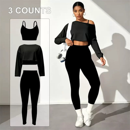 Fashionable lady's three-piece seamless bra, tight leggings, long-sleeved top, sports yoga outfit, ladies elastic fitness wear