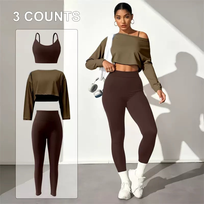 Fashionable lady's three-piece seamless bra, tight leggings, long-sleeved top, sports yoga outfit, ladies elastic fitness wear