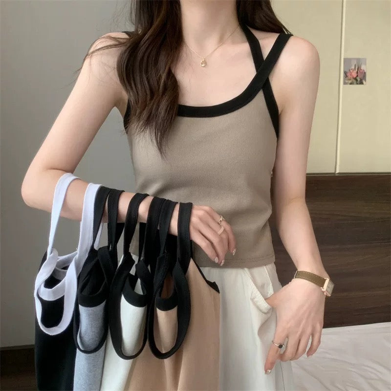 Women Spaghetti Strap Tank Top Scoop Neck Contrast Trim Crop Cami Top  Aesthetic Sleeveless Fitted Basic Tops