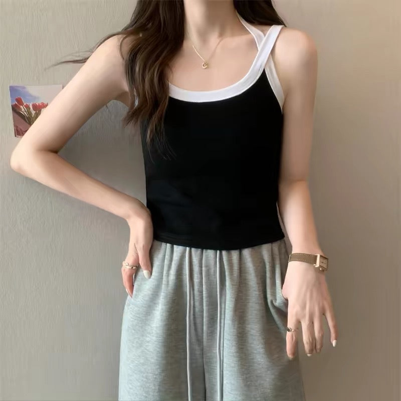 Women Spaghetti Strap Tank Top Scoop Neck Contrast Trim Crop Cami Top  Aesthetic Sleeveless Fitted Basic Tops