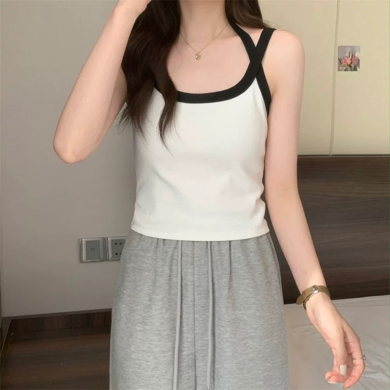 Women Spaghetti Strap Tank Top Scoop Neck Contrast Trim Crop Cami Top  Aesthetic Sleeveless Fitted Basic Tops