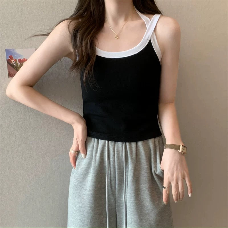 Women Spaghetti Strap Tank Top Scoop Neck Contrast Trim Crop Cami Top  Aesthetic Sleeveless Fitted Basic Tops