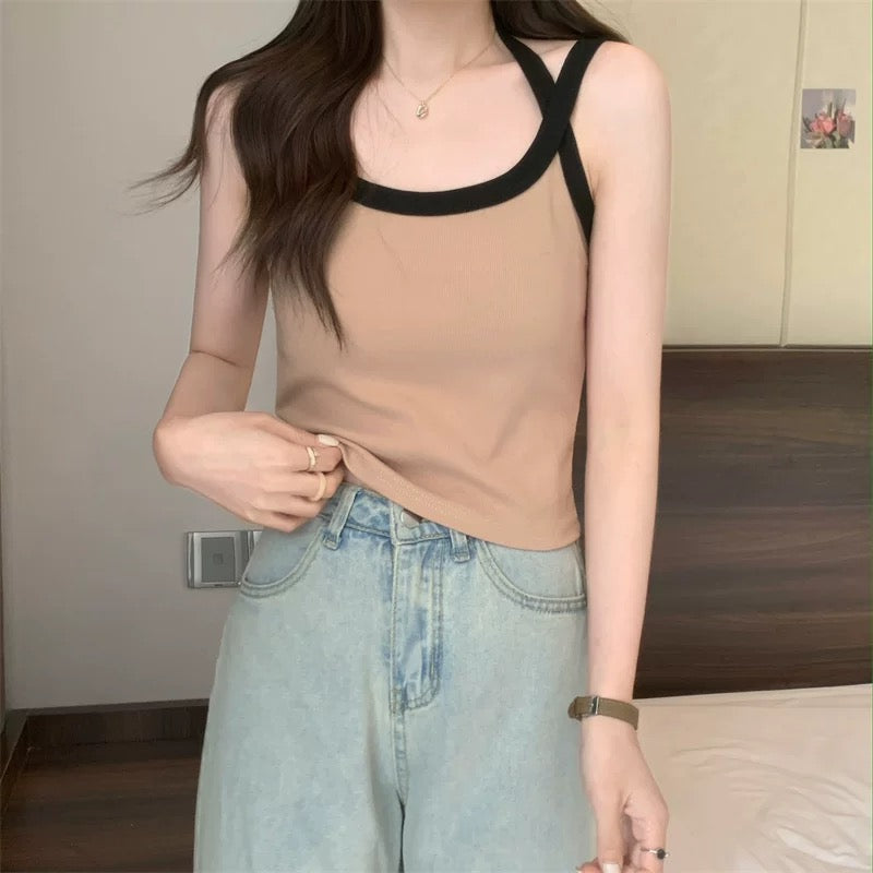 Women Spaghetti Strap Tank Top Scoop Neck Contrast Trim Crop Cami Top  Aesthetic Sleeveless Fitted Basic Tops