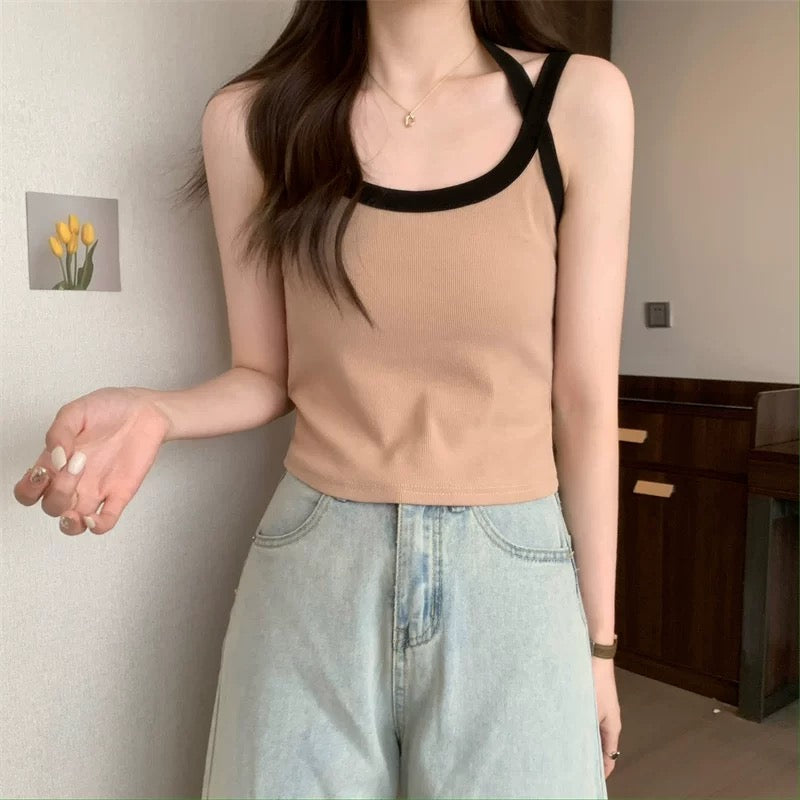 Women Spaghetti Strap Tank Top Scoop Neck Contrast Trim Crop Cami Top  Aesthetic Sleeveless Fitted Basic Tops