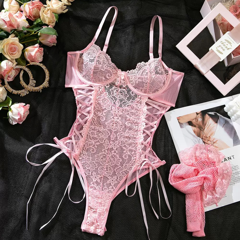 Women's Sexy Lingеrie Set Bra Waist Seal Panty  Summer Lace Eyelash Lace Stitching with Halter Garter Leg Ring