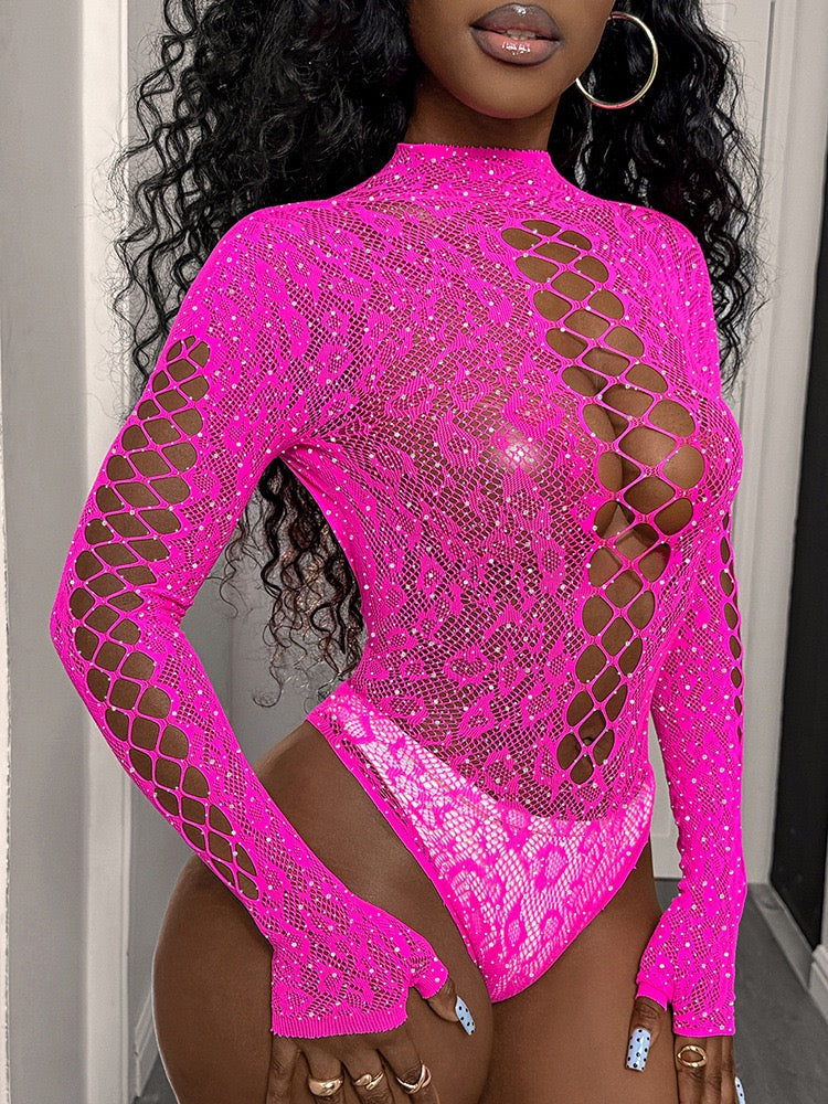 Womens Sexy Erotic Lingerie  Combining Fishnet Stockings & Open Crotch Design & Hollow Out Mesh Bodysuit & Garter Neck Belt For Women