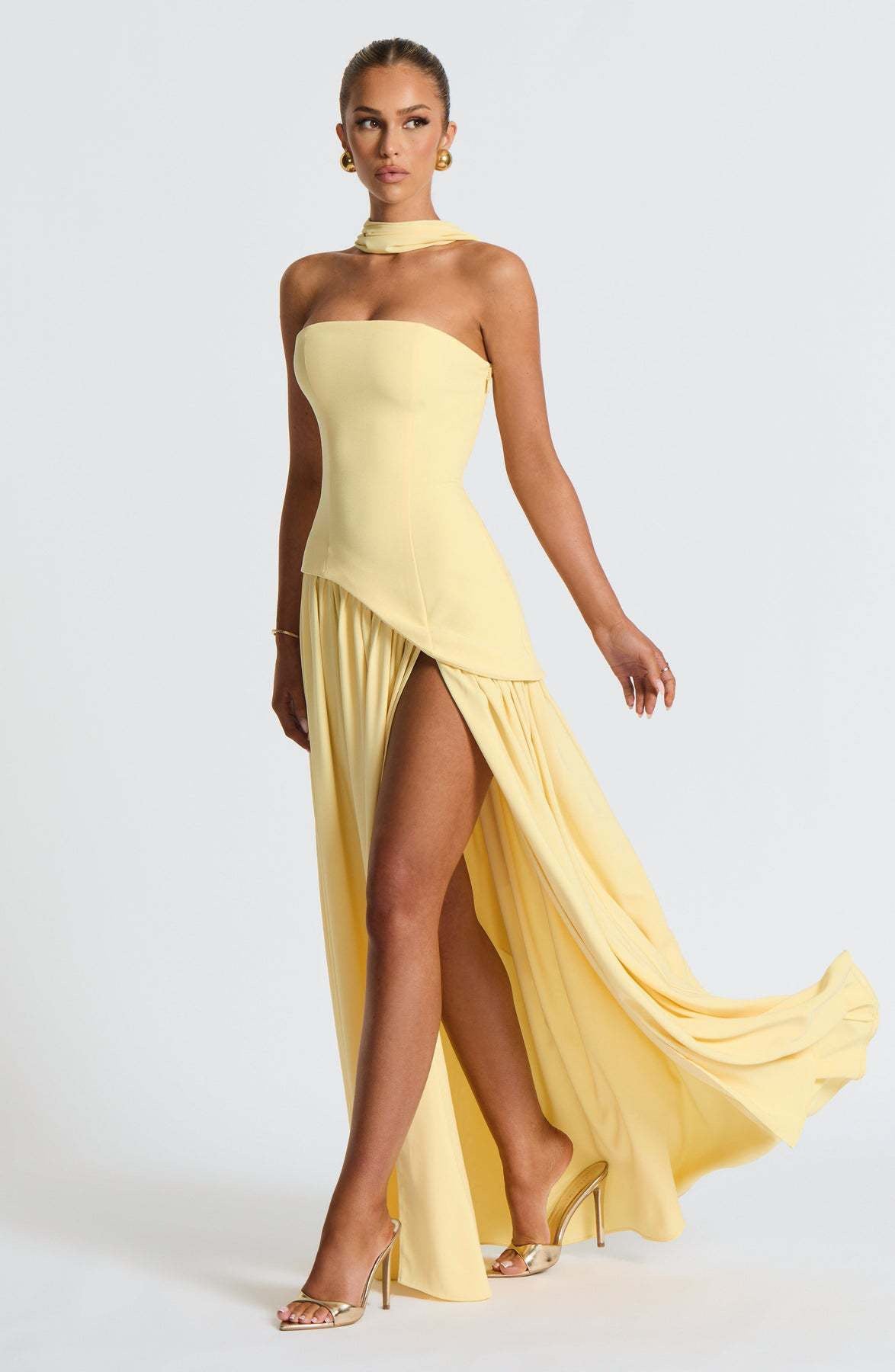 Elegant Ribbon Long yellow Dress Womens Strapless High Waist Pleated Dresses 2025 Summer  Evening Party Wedding Guest New