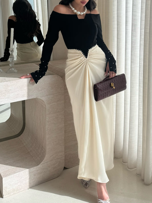 new spring and autumn Women's Elegant Hip Wrap Color Matching Pearl Dress contrast color vestido