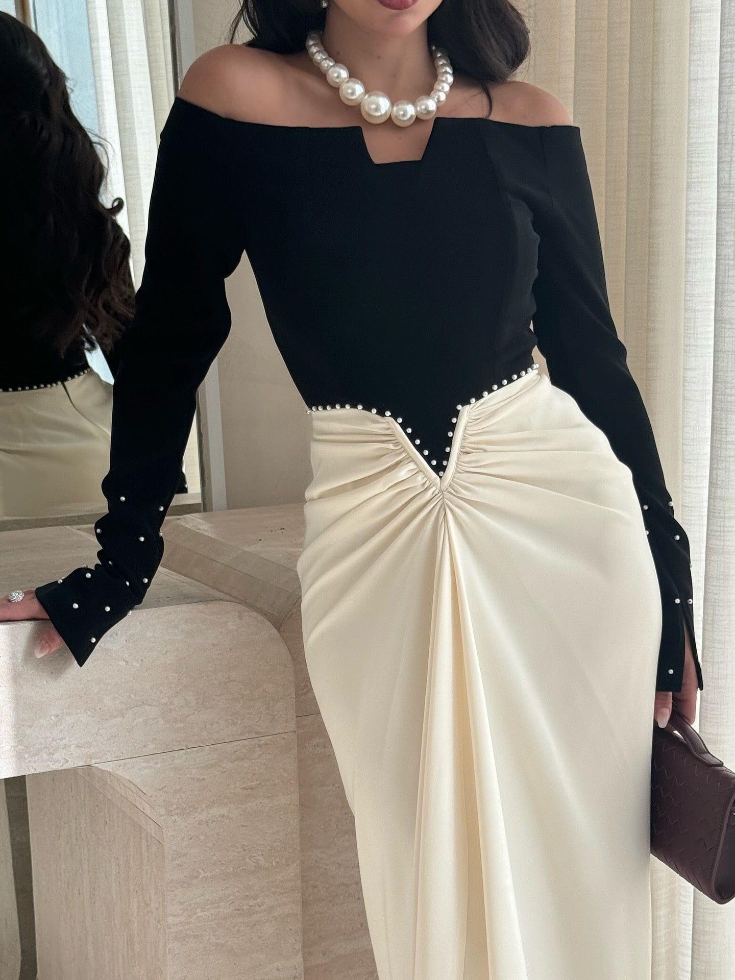 new spring and autumn Women's Elegant Hip Wrap Color Matching Pearl Dress contrast color vestido