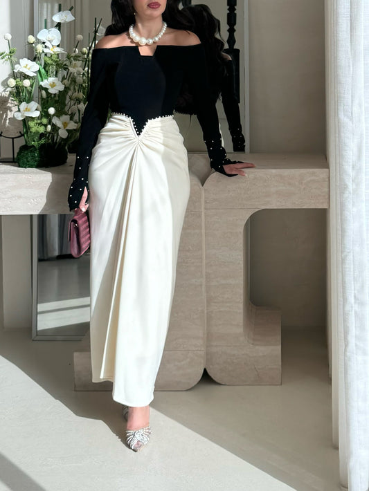 new spring and autumn Women's Elegant Hip Wrap Color Matching Pearl Dress contrast color vestido