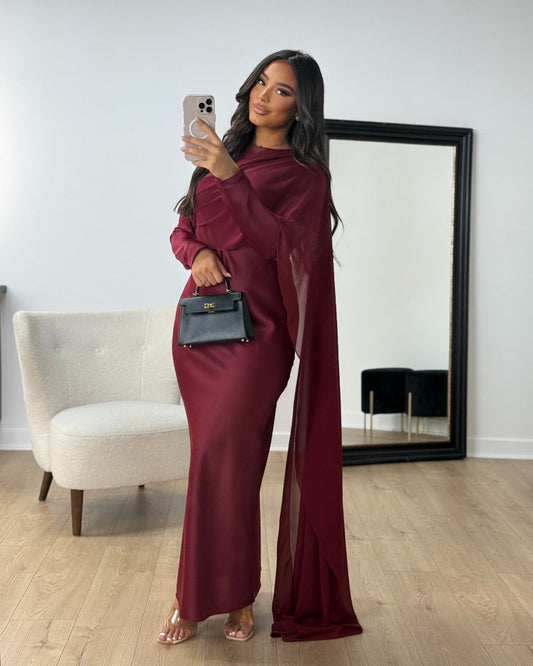 Women Satin Chiffon Dress Cocktail Party Package Hip Sexy Lady Banquet Middle East Elegant Solid Long Sleeve Clothing
