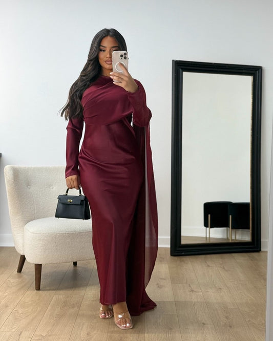 Women Satin Chiffon Dress Cocktail Party Package Hip Sexy Lady Banquet Middle East Elegant Solid Long Sleeve Clothing