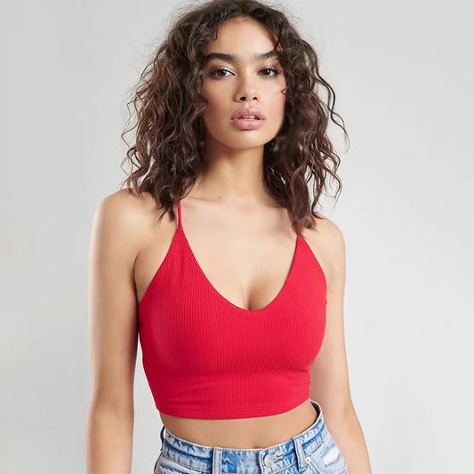 Women's Sexy V-Neck Fashion Bandage Solid Knitted Tank Top Casual Knitted Sleeveless Camisole Short Vest