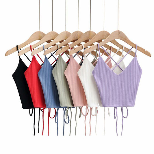 Women's Sexy V-Neck Fashion Bandage Solid Knitted Tank Top Casual Knitted Sleeveless Camisole Short Vest