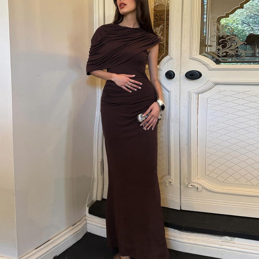 Chaxiaoa Irregular Ruched Sexy Maxi Dress for Women Elegant Autumn Inclined Shoulder Pleated Club Party Long Dresses Female