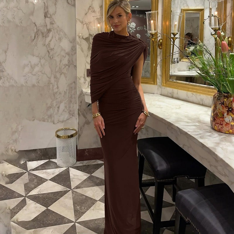 Chaxiaoa Irregular Ruched Sexy Maxi Dress for Women Elegant Autumn Inclined Shoulder Pleated Club Party Long Dresses Female