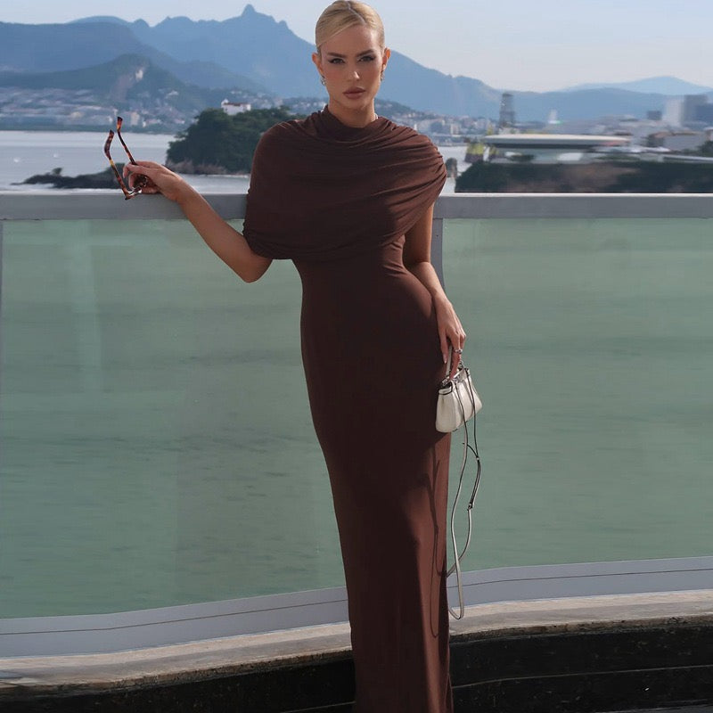 Chaxiaoa Irregular Ruched Sexy Maxi Dress for Women Elegant Autumn Inclined Shoulder Pleated Club Party Long Dresses Female