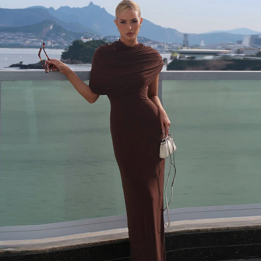 Chaxiaoa Irregular Ruched Sexy Maxi Dress for Women Elegant Autumn Inclined Shoulder Pleated Club Party Long Dresses Female