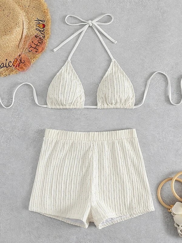 2026 New Summer Women's Swimsuit Solid Color Sexy Padded Halter Lace-up Backless Swimwear Shorts Tankinis Beachwear Bathing Suit