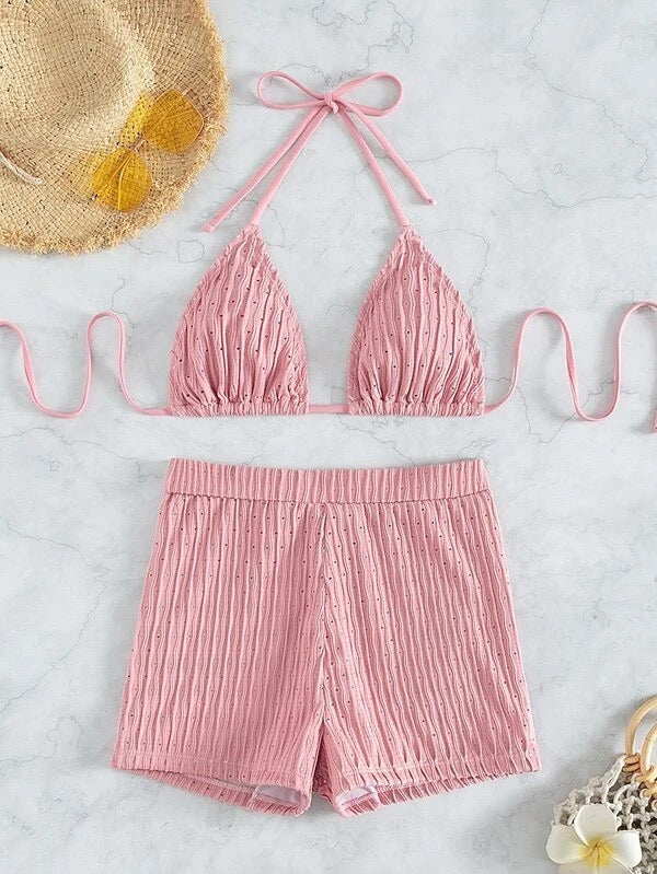 2026 New Summer Women's Swimsuit Solid Color Sexy Padded Halter Lace-up Backless Swimwear Shorts Tankinis Beachwear Bathing Suit