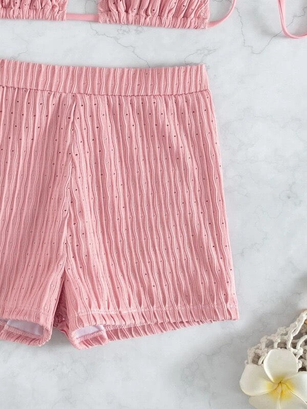 2026 New Summer Women's Swimsuit Solid Color Sexy Padded Halter Lace-up Backless Swimwear Shorts Tankinis Beachwear Bathing Suit