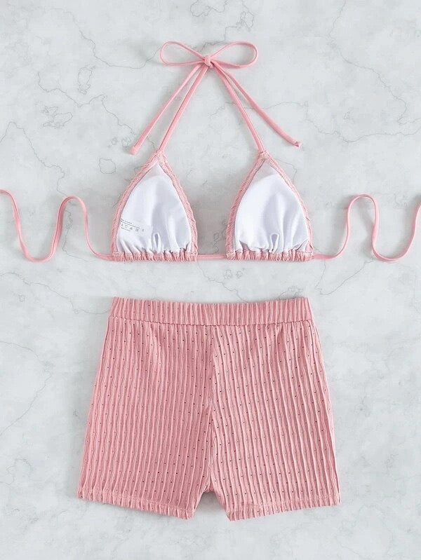 2026 New Summer Women's Swimsuit Solid Color Sexy Padded Halter Lace-up Backless Swimwear Shorts Tankinis Beachwear Bathing Suit