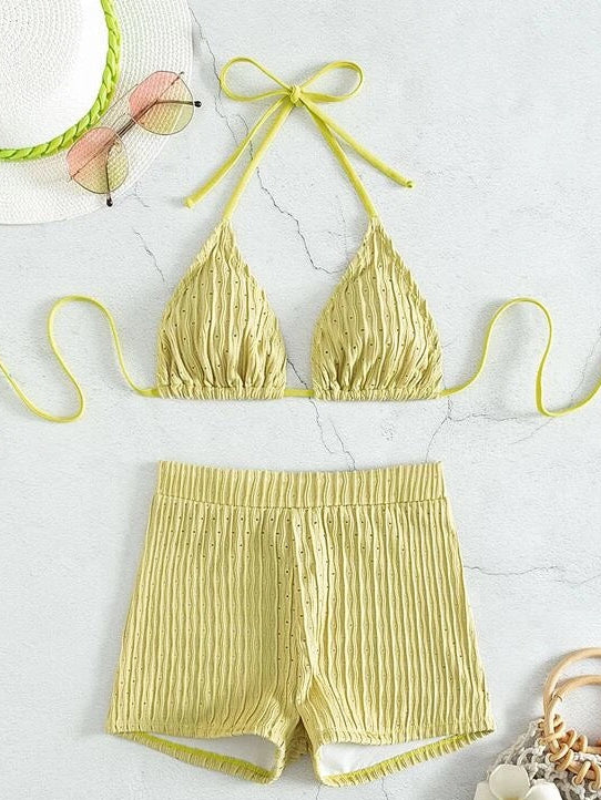 2026 New Summer Women's Swimsuit Solid Color Sexy Padded Halter Lace-up Backless Swimwear Shorts Tankinis Beachwear Bathing Suit