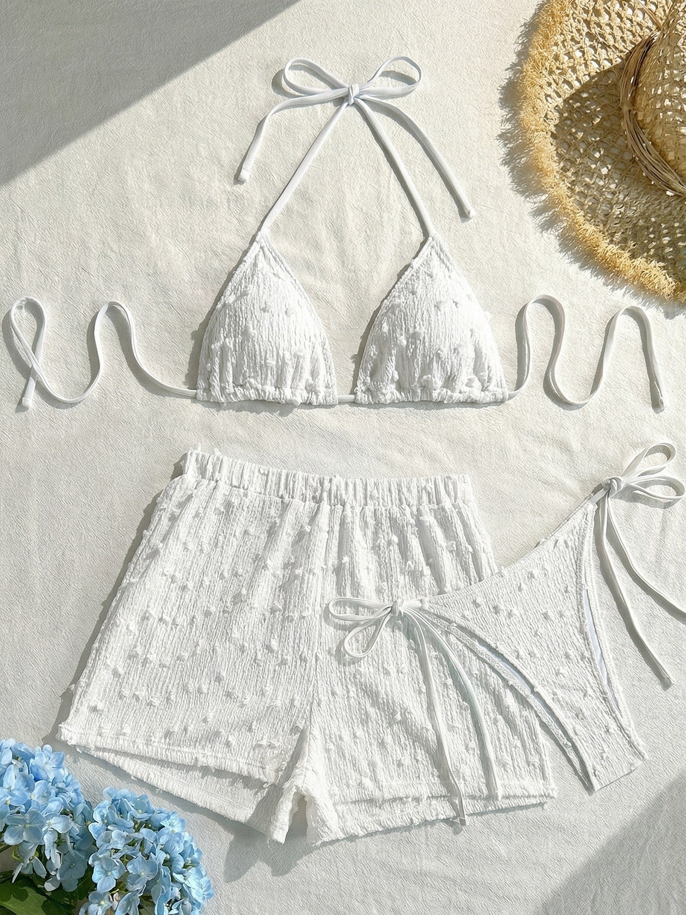 Halter String Solid Color Three-Piece Bikini Set with Coverage Shorts Bottom Sexy Swimsuit Women Bathing Suit Beach Wear Bikini
